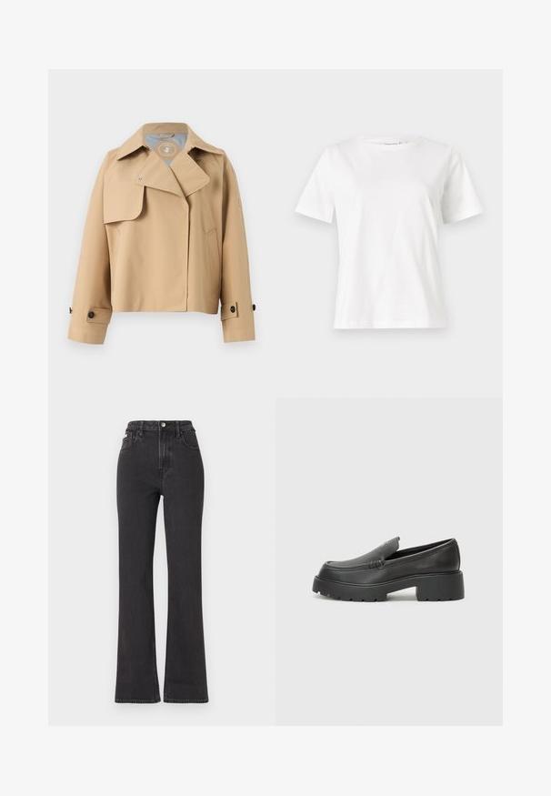Beige Regenjacke mit Reverskragen, Druckknopfverschlüssen, Seiten Taschen und geknöpften Manschetten. Hergestellt aus glattem, wasserdichtem Material.; Weißes Baumwoll-T-Shirt mit kurzen Ärmeln, Rundhalsausschnitt und lockerer Passform. Glatte Textur, keine Muster oder Akzente, minimalistisches Design.; Schwarze, hochgeschnittene Schlagjeans aus Denim mit Knopfverschluss, Gürtelschlaufen und seitlichen Taschen. Glatte Textur mit minimaler Ausbleichung.; Schwarze Lederloafer mit einer abgerundeten Spitze, dicker strukturierten Laufsohle und minimalen Nähten. Schlankes Design ohne sichtbare Schnürsenkel oder Beschläge.