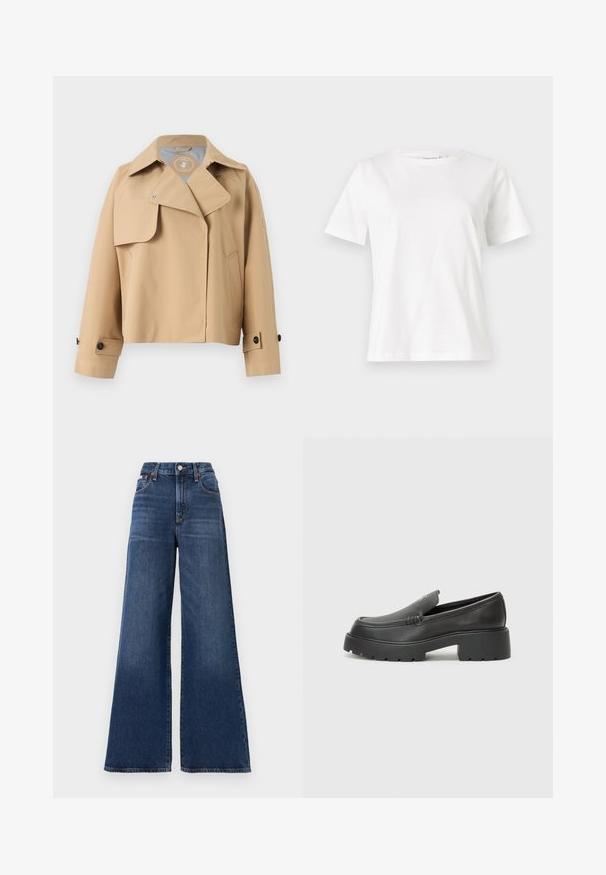Bežna kišna jakna s rever kragnom, spojnim zatvaranjem, bočnim džepom i dugmadima na manžetama. Napravljena od glatkog, vodootpornog materijala.; Bijela pamučna majica s kratkim rukavima, okruglim izrezom i opuštenim krojem. Glatka tekstura, bez uzoraka ili akcenata, minimalistički dizajn.; Traperice visokog struka, širokih nogavica od tamnoplavog denima, s kopčanjem na gumb, pet džepova i suptilnim izbljeđivanjem na bedrima.; Crne kožne loaferice s zaobljenim vrhom, debelim teksturiranim potplatom i minimalnim detaljima šivanja. Elegantna izrada bez vidljivih vezica ili metalnih elemenata.