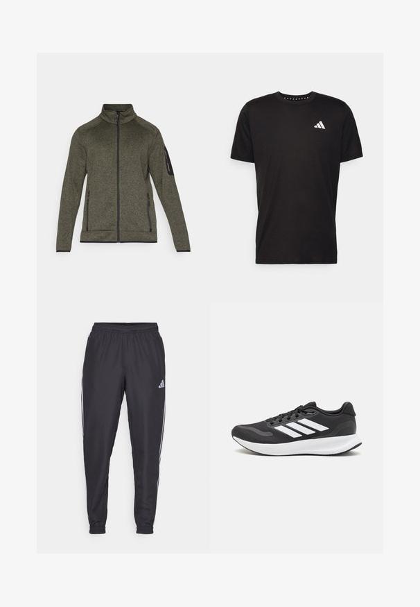 Veste zippée vert olive en tissu texturé, avec des poches latérales et un accent noir sur la manche. Col montant et design ajusté.; T-shirt en coton noir à manches courtes, décolleté rond et logo blanc sur la poitrine gauche. Texture lisse et design simple.; Pantalons de sport noirs avec une taille élastique, présentant des rayures blanches sur les côtés et un petit logo sur la hanche. Texture lisse.; Baskets de sport noires avec tige en mesh respirant, accents blancs et semelle rembourrée. Présente le logo à trois bandes sur le côté.