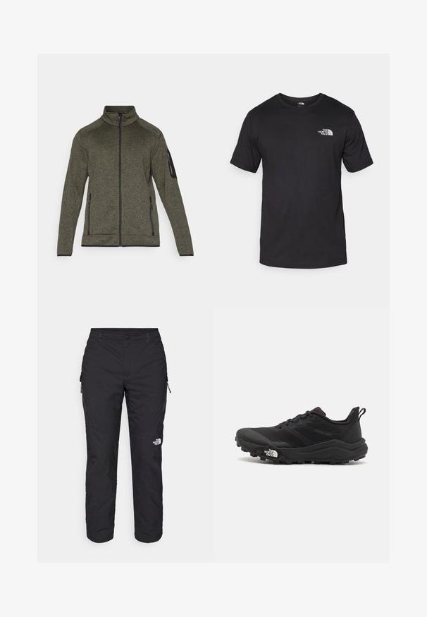 Olijfgroene ritsjack gemaakt van een gestructureerde stof, met zijzakken en een zwart accent op de mouw. Hoge kraag en aansluitend ontwerp.; Zwarte T-shirt met korte mouwen van katoen, voorzien van een ronde halslijn en een klein wit logo op de bovenste linkerkant van de borst.; The North Face WINTER EXPLORATION TAPERED CARGO - Outdoorbroeken - black; Zwarte trailrunning schoen met een gestructureerde bovenkant, rubberen zool en versterkte neus. Voorzien van een gevoerde kraag en een trekhaak voor eenvoudig aan- en uittrekken.