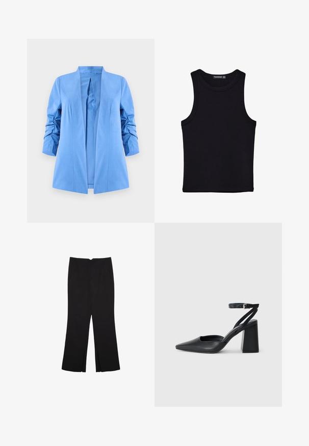 Svetlo modrý blazer s otvoreným predným dizajnom, štruktúrovanými ramenami a zhromaždenými rukávmi, vyrobený z hladkej tkaniny bez viditeľných zapínaní.; Čierny tank top vyrobený z bavlny, s okrúhlym výstrihom a širokými ramienkami. Hladká textúra so zošitými okrajmi. Klasický, minimalistický dizajn.; Čierne nohavice so strihom rovného strihu, s prednými vreckami a bočnými rozparkami na leme. Vyrobené z mäkkej, hladkej tkaniny. Vhodné na rôzne príležitosti.; Čierne kožené lodičky s špicatou špičkou a členkovým remienkom, s masívnym podpätkom. Hladký povrch, elegantný dizajn a minimalistická estetika.