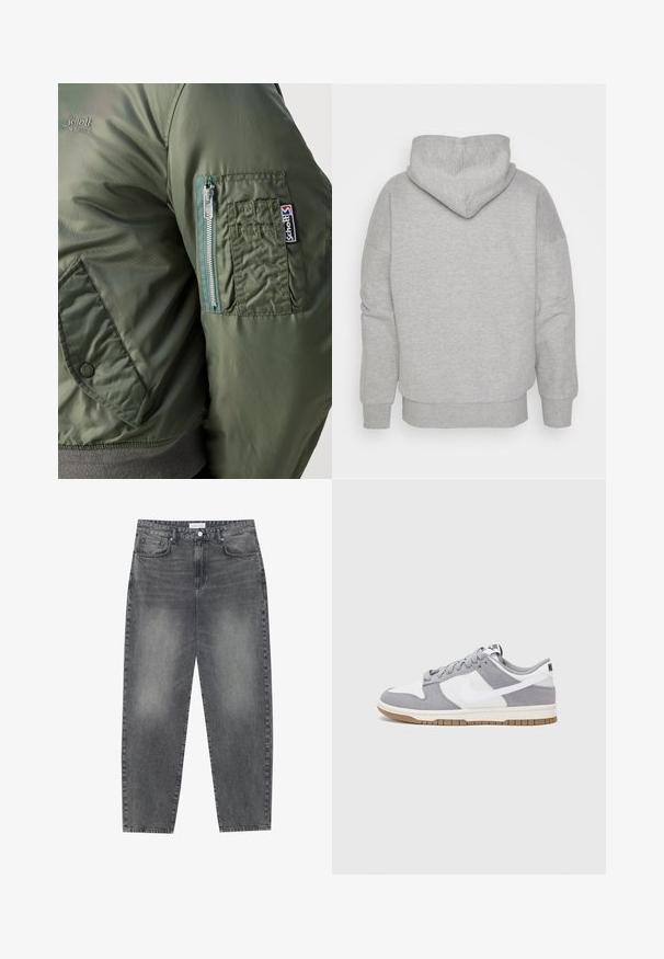 Giacca bomber verde con una texture liscia e lucida, dotata di una tasca con zip sulla manica sinistra e una patch con logo ben visibile.; Felpa grigia con cappuccio aderente, maniche ampie e orlo a costine. Tessuto morbido e testurizzato senza motivi visibili o dettagli in metallo.; Jeans a vita alta, dal taglio ampio in denim nero sbiadito. Presentano cinque tasche, passanti per cintura e un design dritto e pulito.; Sneaker grigia e bianca con tomaia in suede e pelle, punta arrotondata, lacci piatti e soletta in gomma con un accento color caramello.