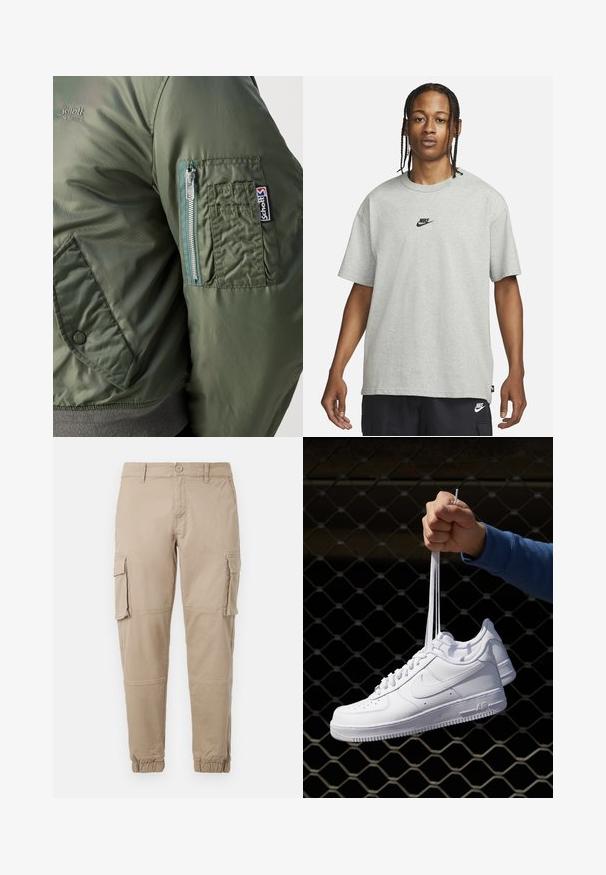 Vihreä pommijakku, jossa on sileä ja kiiltävä pinta, vasemmassa hihassa vetoketjullinen tasku ja näkyvä logo-patch.; Nuori henkilö, jolla on letitetyt hiukset, pukeutuneena vaaleanharmaaseen Nike T-paitaan ja mustiin Nike-shorteihin valkoista taustaa vasten.; Beige cargo-housut kevyestä puuvillamateriaaliesta. Omistaa elastiset hihnat, useita sivutaskuja ja nappisuljin.; Valkoiset nahkasneakersit, joissa on rei'ityksiä, pyöreä kärki, tasapohja ja paksut nauhat, joissa on näkyvä swoosh-logo ja "AIR" kantapäässä.