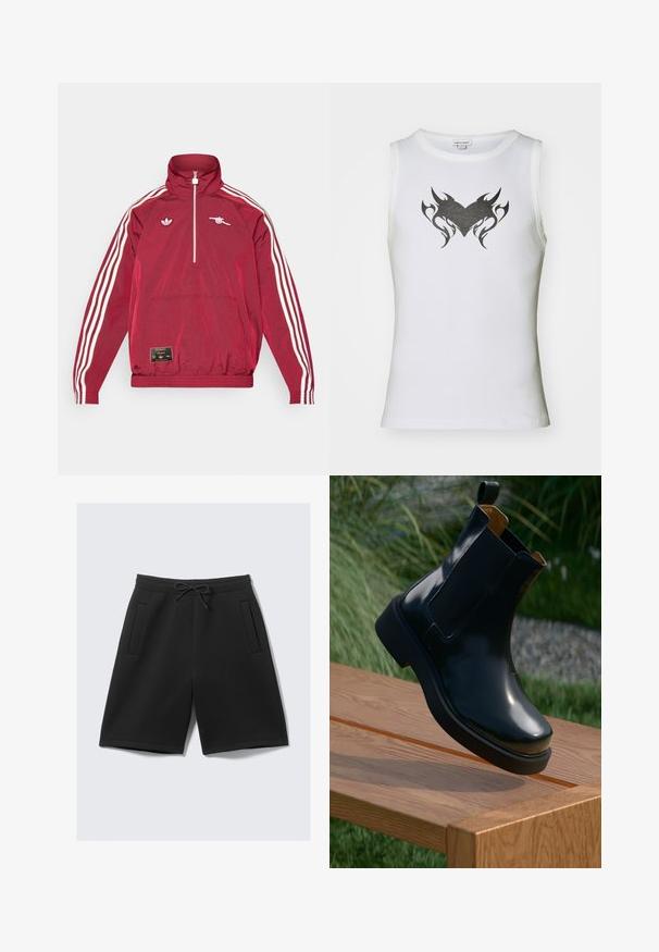 adidas Originals ARSENAL FC ICON HALFZIP JACKET - Roupa de discoteca - team burgundy; Top branco sem mangas feito de algodão, com um design de coração tribal preto no centro. Apresenta um decote redondo e textura canelada.; Calções atléticos pretos feitos de um tecido suave, com uma cintura elástica e cordão, e dois bolsos frontais. Textura suave, corte até ao joelho.; Bota chelsea de couro preto com acabamento liso, painéis laterais elásticos, bico arredondado e sola de borracha grossa, posicionada acima de uma superfície de madeira.