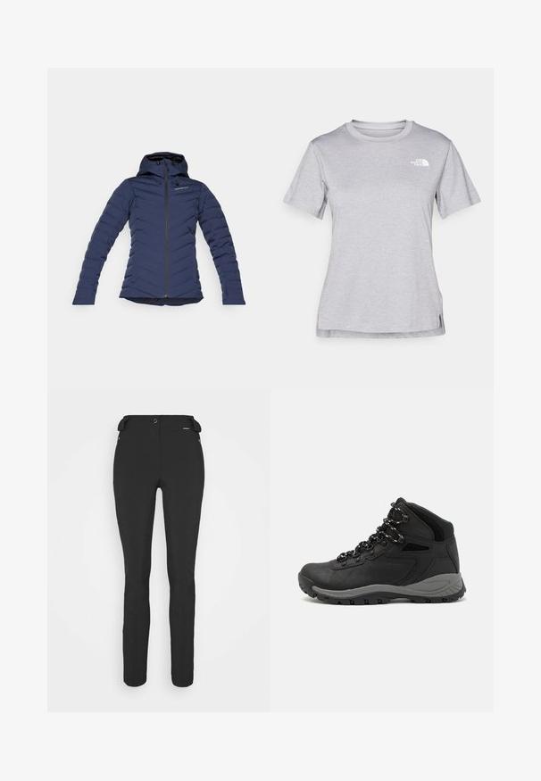 Tumesinine puhvjakas koos kapuutsiga, lukuga, chevron õmbluste mustriga ja elastsete mansettidega isolatsiooni ja sobivuse tagamiseks. Kerge ja tekstureeritud kangas.; Hall juppuvarrega, pehmeast, niiskust eemaletõukavast kangast lühikeste varrukatega hall T-särk. Omab ümarat kaelust ning väikest valget logo vasakul ülal.; Mustad, hästi istuvad püksid, mis on valmistatud paindlikust materjalist. Omadusteks on lukuga küljetasku, artikeeritud põlved ja sile pind.; Mustarjaline matkasaabas, millel on keskmine disain, tekstuuriga ülemine osa, hallid aktsendid ja vastupidav kummist põhi, millel on haardelugesid.