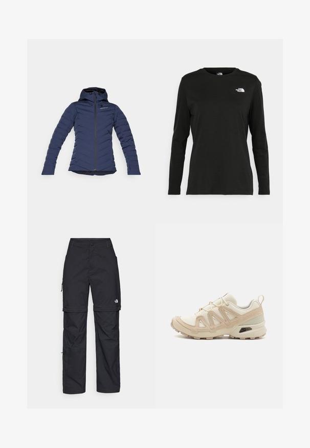 Jūras zila pūkainā jaka ar kapuci, ar rāvējslēdzēja aizdari, ševronu šuvju rakstu un elastīgām aprocēm siltumizolācijai un pielāgošanai. Viegls un teksturēts audums.; Melnas garām piedurknēm T-krekls, izgatavots no kokvilnas ar apaļu kaklu. Tam ir mazs balts logo kreisajā krūtīs. Vienkāršs dizains un piegulums.; Melni nailona bikses ar noņemamām kājām, regulējamiem uzmavām, vairākām kabatām un logotipu uz labās kājas. Gluda, viegla tekstūra.; Beige un krēma sporta apavi ar strukturētu tīkla virsmu, atbalstošajiem slāņiem un gumijas zoli ar protektoru rakstu, kas nodrošina saķeri.
