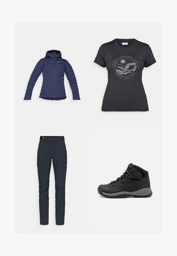 Námořnicky modrá bunda s kapucí, zipovým uzávěrem, vzorem chevron a elastickými manžetami pro izolaci a přizpůsobení. Lehká a strukturovaná tkanina.; Černé tričko Columbia s bílým kruhovým uměleckým ztvárněním hor a řeky a textem "Columbia Sportswear Company Outside Since 1938."; Pánské outdoorové kalhoty, tmavě šedé, vyrobené z flexibilního materiálu, s pásem, zipovými kapsami a vyztuženým švem.; Černé turistické boty s mírně vyšším střihem, které mají texturovaný svršek, šedé detaily a odolnou gumovou podrážku s trakčními výstupky.