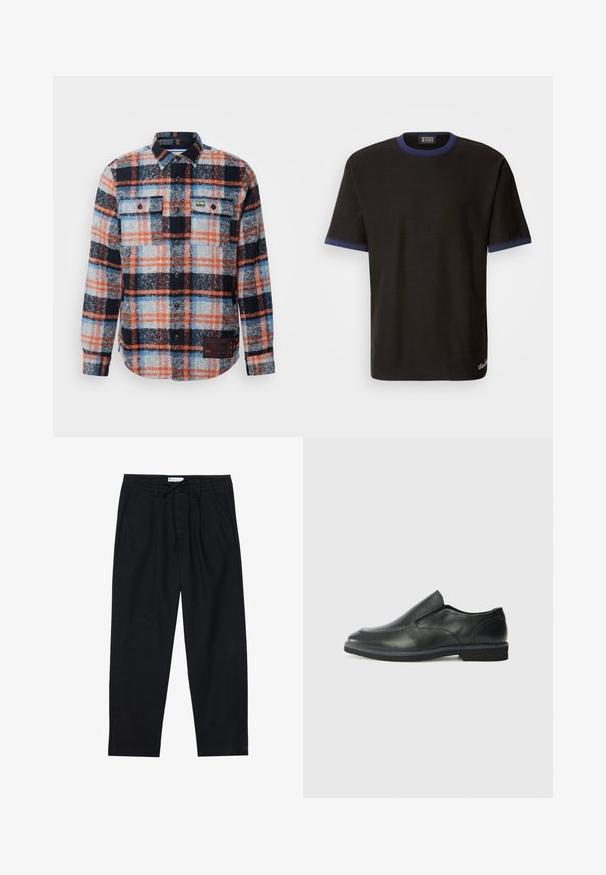 Camicia a quadri da uomo in misto lana. Presenta un motivo a quadri arancione, blu e nero, taschini frontali, bottoni neri e un'etichetta in tessuto sull'orlo.; Scotch & Soda RELAXED FIT BOUND NECKLINE - T-shirt con stampa - meteorite; Pier One Chino - black; Scarpa nera in pelle con inserto scivolare, superiore liscio, dettagli cuciti, punta arrotondata e tacco in gomma basso. La suola presenta un battistrada minimale.