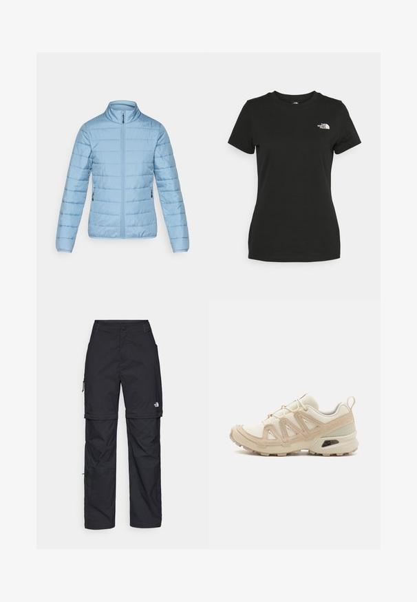 Hele sinine puhv jacket kõrge krae, esi tõmblukk ja küljetaskud. Omab horisontaalset õmblust ja siledat, läikivat kanga tekstuuri.; Mustvalge puuvillane t-särk, millel on ümber kaeluse lõige ja lühikesed varrukad. Märkimisväärne valge logo vasakul ülal nurgas. Sile tekstuur, mugav lõige.; Mustad nailonist valmistatud eemaldatavad cargo-püksid, reguleeritavate pahkluudega, mitmete taskutega ja paremal jalal logoga. Sile, kerge tekstuur.; Beež ja koobalti spordijalats tekstureeritud võrkkattega, toetavad ülemised kihid ja kummist tallaga, millel on mustriga joonistus haardeks.