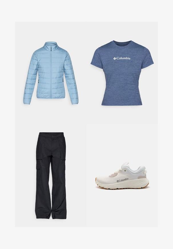 Vaaleansininen toppatakki, jossa on korkea kaulus, etuvetoketju ja sivutaskut. Ominaisuudet vaakasaumat ja sileä, kiiltävä kangas.; Sininen lyhythihainen t-paita, joka on valmistettu teksturoidusta kankaasta, jossa on valkoinen Columbia-logo rinnassa, pyöreä kaula-aukko ja istuva muotoilu.; Columbia BREA FALLS™ COTTON RIPSTOP PANT - Ulkohousut - black; Kevyt Columbia urheilukenkä valkoisesta verkkokudoksesta, jossa on teksturoitu harmaa pohja ja kuminen pito. Varustettu pehmustetulla nilkkaremmillä ja nauhakiinnityksellä.