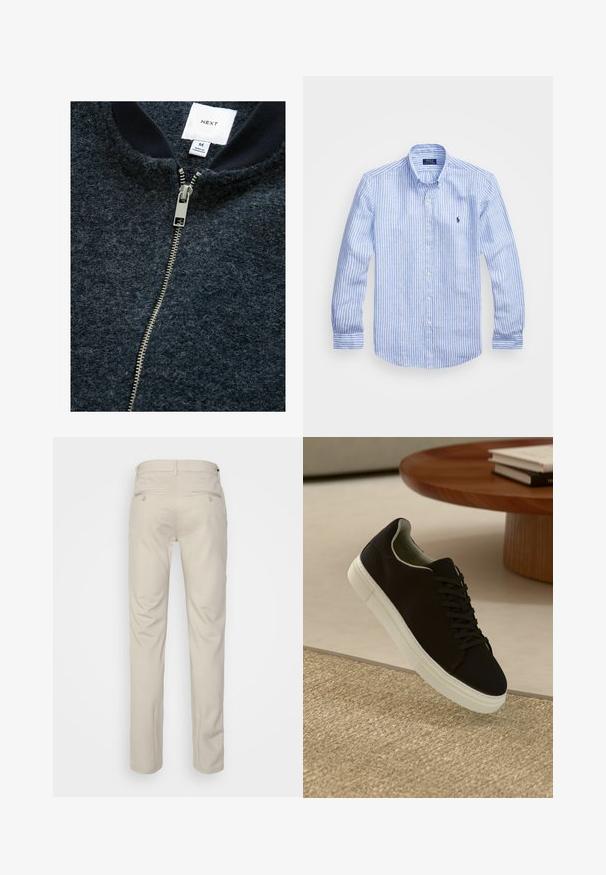 Námornícky modrá bunda na zips vyrobená z textúrovanej tkaniny, s strieborným zipsom a ribbed golierom. Označenie značkou naznačuje veľkosť M.; Modrá a biela prúžkovaná košeľa s dlhými rukávmi vyrobená z bavlny, vybavená golierom na gombíky, prednými gombíkmi a malým vyšitým logom na hrudi.; Béžové nohavice s hladkou textúrou, rovný strih, dve zadné vrecká s gombíkmi a štandardný pás.; Čierna teniska s bielou podrážkou plávajúca nad béžovým textúrovaným kobercom pri okrúhlom drevenom stole s hromadou kníh.