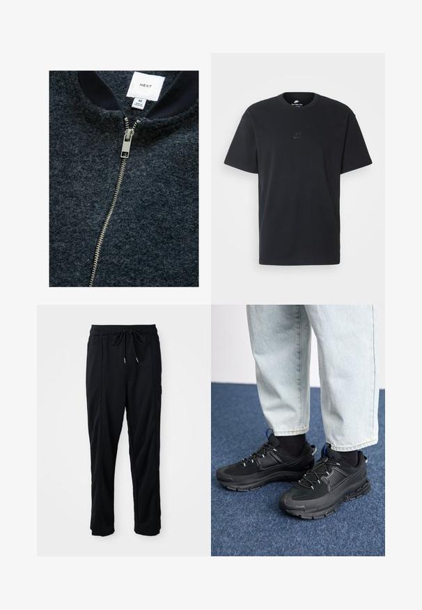 Tumed bluus, mis on valmistatud tekstuuridega kangast, hõbedase tõmbluku ja sooniku kraega. Markeriga sildil on märgitud suurus M.; Nike musta mustast puuvillast T-särk klassikalise ümmarguse kaelusega, lühikeste varrukatega ja õrna, reljeefse logoga rinnal. Sile tekstuur.; Mustad nööridega vööga igapäevased mustad püksid, külgseamipocketid ja sirge sääre lõikega, ühtlasel taustal.; Mustad mustad jooksukingad, millel on tekstureeritud kangas ja kummist tallad, elastsed nöörid ning sinine aksent kandadel. Kandmine heledate teksadega.