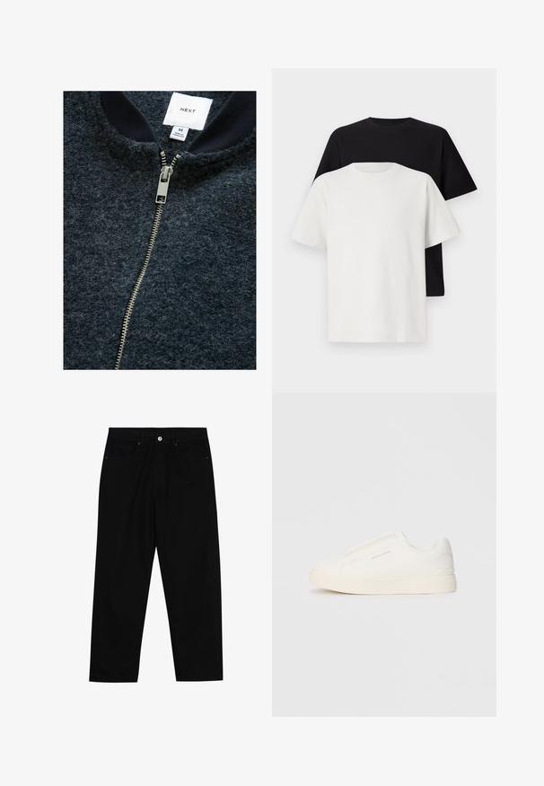 Sötétkék, cipzáras dzseki, mely texturált anyagból készült, ezüst színű cipzárral és bordázott gallérral rendelkezik. A címke méretként M-et jelöl.; Pamut póló szett, amely egy fekete és egy fehér pólót tartalmaz, mindkettő rövid ujjú, környakú és normál fazonú. Texturált anyag.; Fekete farmernadrág, egyenes szabással, öt zsebből álló dizájnnal és elülső gombos záródással. Simább felület minimális varrási részletekkel.; Fehér slip-on sportcipők texturált felülettel, vastag talppal és minimalista dizájnnal. Az oldalon a márka logója található.