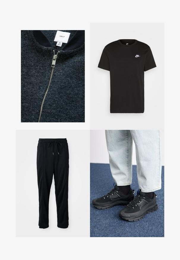 Tumši zils jaku ar rāvējslēdzēju, izgatavota no teksturēta auduma, ar sudraba rāvējslēdzēju un ribotu apkakli. Marķējuma birka norāda izmēru M.; Melna kokvilnas T-kreklu ar īsām piedurknēm, apaļu kakla izgriezumu un mazu balto Nike logu kreisajā augšējā krūtī. Gluda tekstūra. Klasiskais piegriezums.; Melnas bikses ar aukliņu jostas vietā, ar sānu kabatām un taisnu kāju griezumu uz vienkrāsaina fona.; Melni sporta apavi ar strukturētu audumu un gumijas zoli, ar elastīgām auklām un zilu akcentu uz papēža. Nēsāti ar gaišām džinsu biksēm.