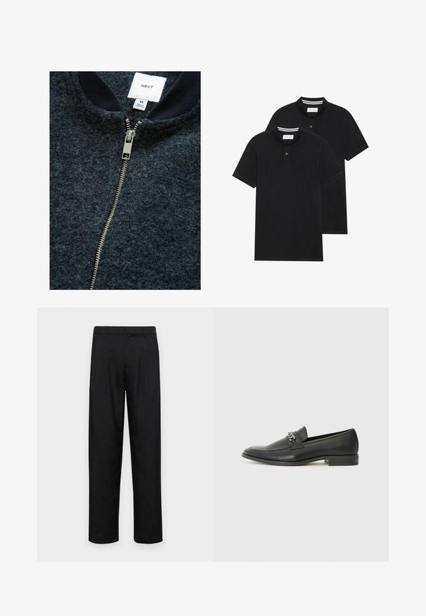 Granatowa bluza zapinana na zamek, wykonana z teksturowanej tkaniny, z srebrnym zamkiem błyskawicznym i prążkowanym kołnierzem. Etykieta wskazuje rozmiar M.; Dwie czarne koszulki polo z krótkim rękawem, wykonane z materiału bawełnianego, z klasycznym kołnierzykiem, z zapięciem na dwa guziki oraz białymi paskami wewnątrz kołnierza.; Czarne spodnie wykonane z gładkiego materiału, z prostą nogawką, dwoma fałdami z przodu oraz standardowym paskiem z wypustkami na pasek.; Czarne skórzane mokasyny o gładkim wykończeniu, z haftowanym wzorem i dekoracyjnym akcentem z metalowego łańcucha na wierzchu. Płaska pięta.