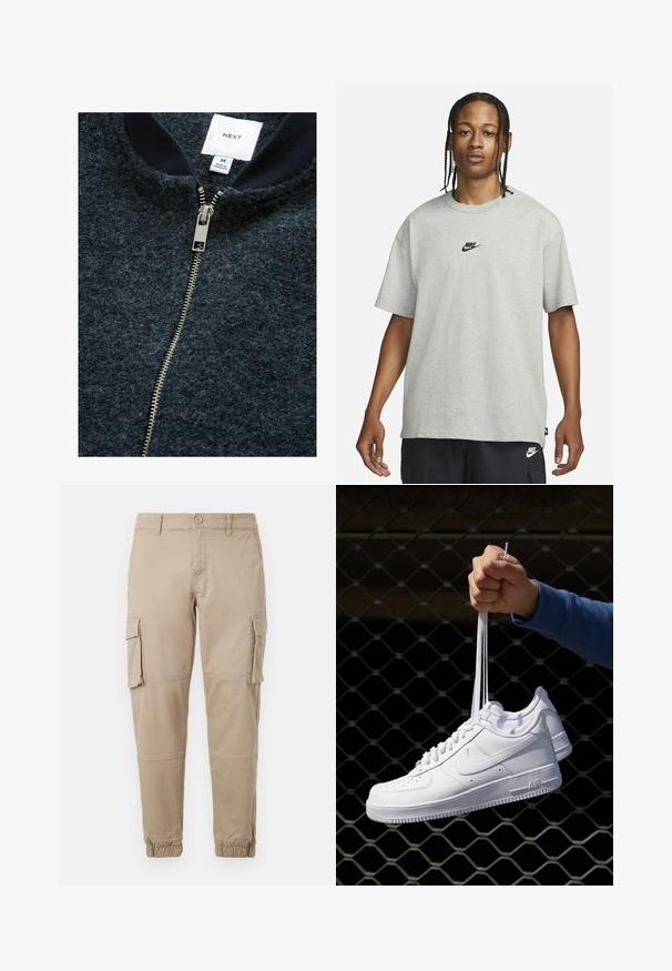 Giacca blu navy con zip realizzata in tessuto testurizzato, dotata di zip argentata e colletto a coste. L'etichetta indica la taglia M.; Giovane con capelli intrecciati che indossa una maglietta Nike grigia chiara e pantaloni Nike neri su uno sfondo bianco semplice.; Pantaloni cargo beige in un leggero cotone. Presentano polsini elasticizzati, molteplici tasche laterali e una chiusura con bottone.; Sneakers in pelle bianca con perforazioni, punta rotonda, suola piatta e lacci spessi, con logo swoosh visibile e "AIR" sul tallone.