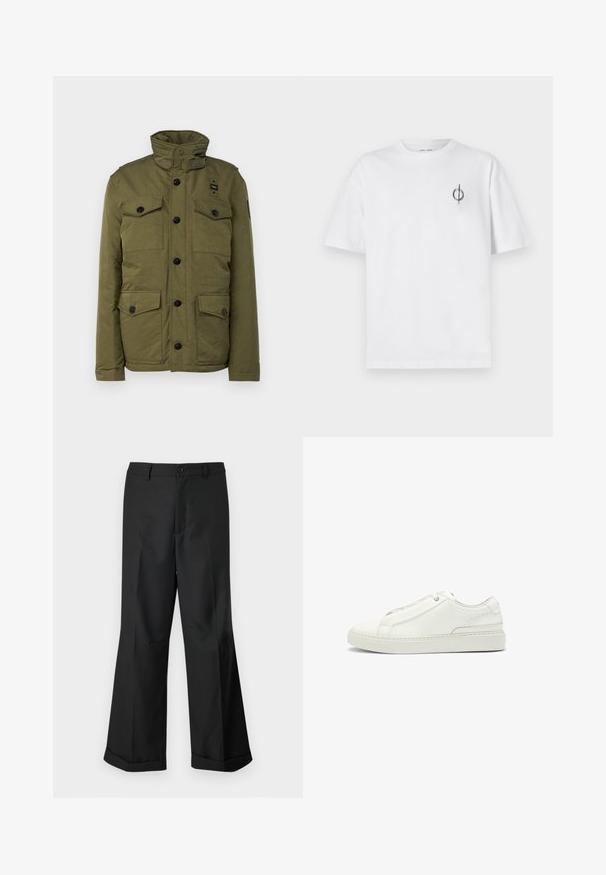 Olive green jacket with a high collar, featuring four front pockets, black buttons, and a small logo patch on the upper left side.; White cotton t-shirt with a relaxed fit, featuring a small black graphic logo on the left chest area. Short sleeves, crew neck style.; Black wide-leg trousers with buttoned waistband and cuffed hems, displayed against a plain white background.; White leather sneaker featuring a textured upper, a round toe, minimalistic design, and a rubber sole with stitched detailing.