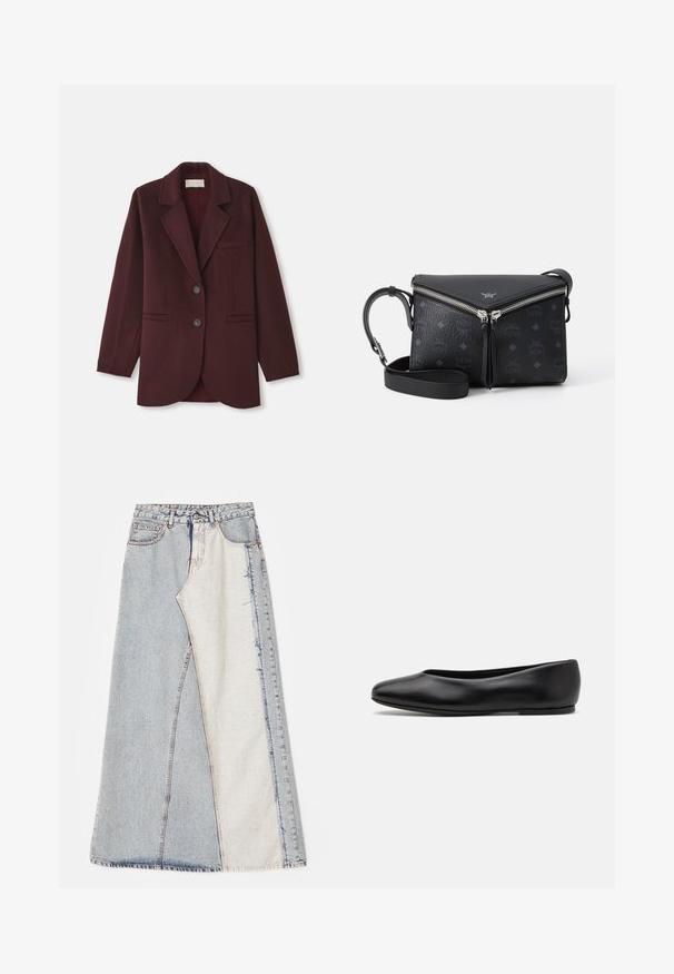 Burgundy blazer made of wool blend, featuring a notched lapel, two front pockets, two buttons, and a straight cut with rounded hem.; Beige knitted sweater with a deep V-neck, long sleeves, and a fitted waist featuring two large round buttons at the front.; Sleeveless turtleneck top with vertical black and white stripes, made of a textured knit fabric, featuring a high, snug collar.; Denim skirt featuring a patchwork design with light and medium blue sections, frayed hems, and a high waist. Classic five-pocket style.; Paul Smith TOPANGA - Ballet pumps - black; Black leather crossbody bag with silver V-shaped zipper, embossed logo pattern, and adjustable strap on white background.