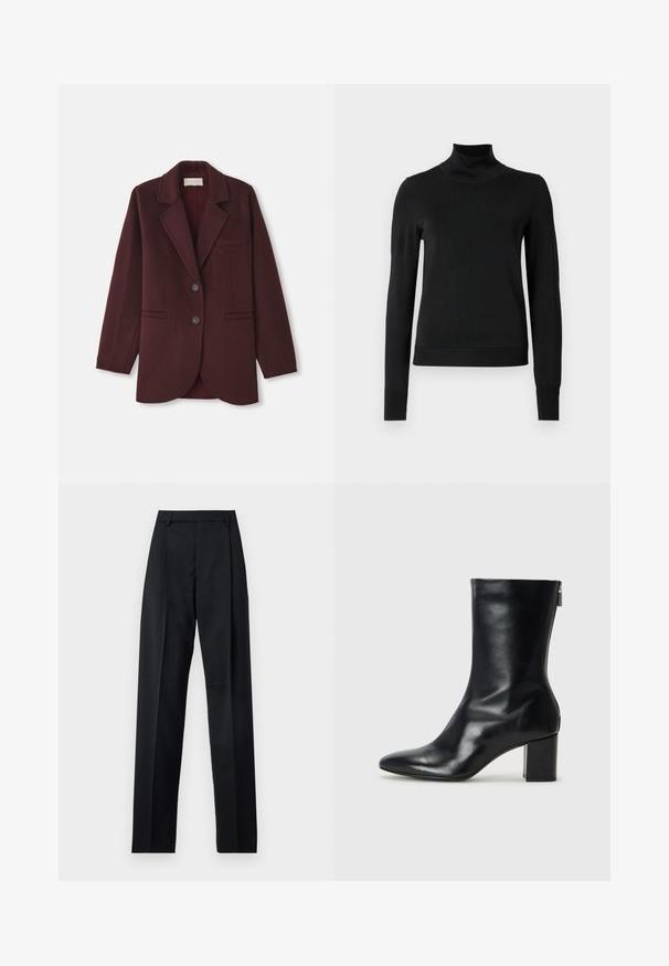 Burgundi színű blézer gyapjú keverékből, bemetszett gallérral, két elülső zsebbel, két gombbal, egyenes szabással és lekerekített aljjal.; Fekete, hosszú ujjú garbós pulóver bordás mandzsettákkal és aljjal, sima fehér háttér előtt bemutatva.; Fekete nadrág sima anyagból, magas derékkal, széles lábakkal, elülső redőkkel és klasszikus övhurkokkal. Oldalzsebek nem láthatók.; Fekete bőr bokacipő hegyes orral és 4 cm-es blokkfallal. Simán díszített designja oldalra nyíló cipzárral rendelkezik, ami megkönnyíti a felvételt. Simább textúrával.