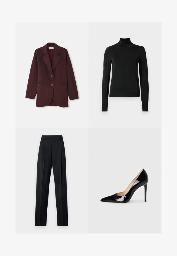 Burgundi színű blézer gyapjú keverékből, bemetszett gallérral, két elülső zsebbel, két gombbal, egyenes szabással és lekerekített aljjal.; Fekete, hosszú ujjú garbós pulóver bordás mandzsettákkal és aljjal, sima fehér háttér előtt bemutatva.; Fekete nadrág sima anyagból, magas derékkal, széles lábakkal, elülső redőkkel és klasszikus övhurkokkal. Oldalzsebek nem láthatók.; Fekete lakkbőr magas sarkú pumpa hegyes orral és elegáns sziluettel. Simább, fényes felülettel és karcsú tűsarokkal rendelkezik.