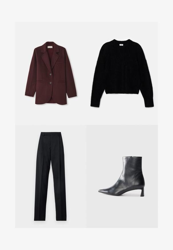 Bordeaux blazer gemaakt van een wolmix, met een notch revers, twee voorkruittassen, twee knopen en een rechte snit met een afgeronde zoom.; Zwarte cropped trui van pluizig materiaal. Heeft een ronde halslijn en lange mouwen met een zachte textuur. Minimalistisch ontwerp, zonder patronen.; Zwarte broek gemaakt van gladde stof met een hoge taille, wijde benen, voorplooien en klassieke ceintuurlussen. Geen zijzakken zichtbaar.; Zwarte leren enkellaars met een spitse neus en een slank ontwerp. Heeft een lage hak en een ritssluiting aan de achterkant. Gladde textuur.
