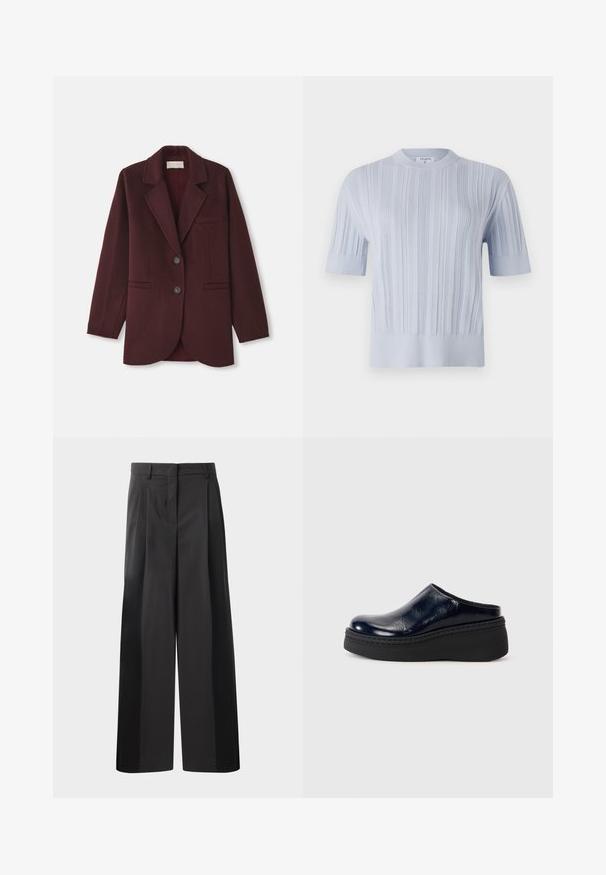 Bordo sako napravljeno od mješavine vune, s oštrim reverima, dva prednja džepa, dva dugmeta i ravnim krojem s zaobljenim rubom.; Svijetloplava kratkotrajna pletena majica s kratkim rukavima koja ima vertikalnu rebrastu teksturu i okrugli izrez. Tkanina pokazuje suptilne detalje s uskim rubom.; Crne široke hlače s visokim strukom, s prednjim nabranim detaljima, glatkom teksturom i krojenim završetkom. Dizajnirane za opušteni kroj.; Tamno plavi lakirani klompe s glatkom površinom, koje imaju debelu crnu platformu i vidljivo šivanje duž donjeg dijela.