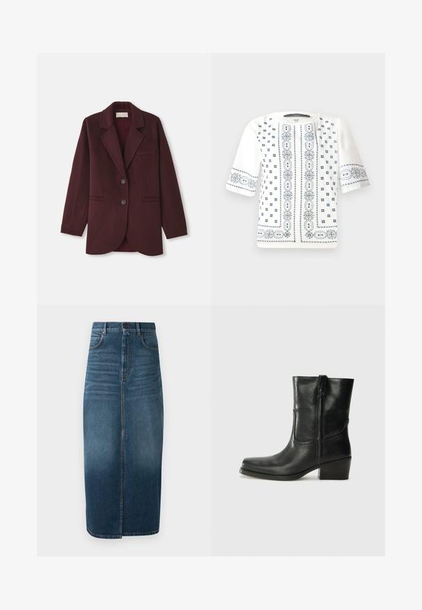 Burgundy takki villasekoitteesta, jossa on uurrettu kaulus, kaksi etutaskua, kaksi nappia ja suora leikkaus pyöristetyllä helman osalla.; Valkoinen lyhythihainen paita, jossa on sinisiä kukkakirjontoja, pyöreä pääntie ja monimutkaiset kuviot edessä ja hihoissa.; Denim midi-hame tummansinisessä värissä, jossa on etuaukko ja kevyt kulutusjälki. Klassinen viiden taskun muotoilu metallinappisulkimella.; Musta nahkasaapas nilkkamittaisella varrella, pyöreällä kärjellä, lohkarekorolla, sivuvetoketjulla ja ompeluaksentilla varren yläosassa. Suora pinta, klassinen muotoilu.