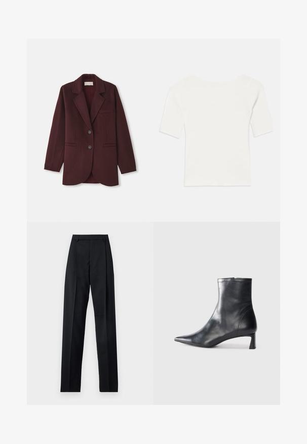 Blazer borgogna in misto lana, con rever a punta, due tasche frontali, due bottoni e una vestibilità dritta con orlo arrotondato.; Top bianco a righe con maniche corte e scollo ampio. La texture presenta strisce verticali, enfatizzando una vestibilità aderente e un design semplice.; Pantaloni neri realizzati in tessuto morbido, caratterizzati da vita alta, gambe larghe, pince frontali e classiche passanti per cintura. Non ci sono tasche laterali visibili.; Stivaletto in pelle nera con punta affusolata e design elegante. Presenta un tacco basso e una chiusura con zip sul retro. Texture liscia.