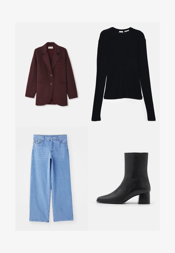 Burgundská sako z vlněné směsi, s klopami, dvěma předními kapsami, dvěma knoflíky a rovný střih s zakulaceným lemem.; Černý dlouhý rukáv top vyrobený z měkkého materiálu, s kulatým výstřihem a volným střihem, se bočními rozparky na olemování pro snadný pohyb.; Světle modré džínové kalhoty širokého střihu, vyrobené z denimu, s klasickým pětikusovým designem a zapínáním na knoflíky. Hladká textura, třepený lem.; Černé kožené kotníkové boty s špičatou špičkou a robustním čtvercovým podpatek. Hladká textura s bezšvovým designem a minimalistickým prošíváním.