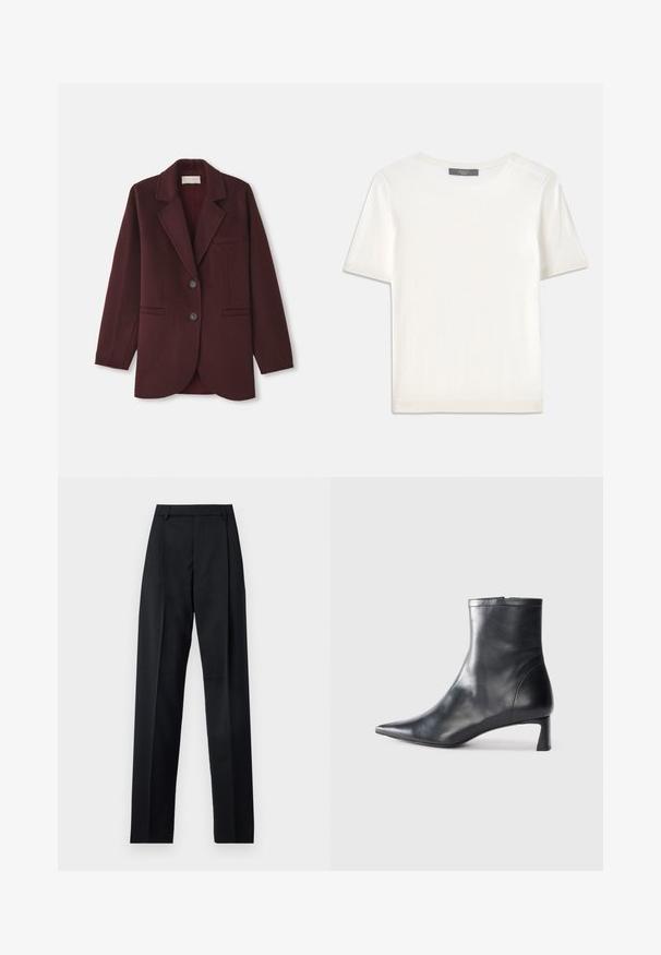 Blazer borgogna in misto lana, con rever a punta, due tasche frontali, due bottoni e una vestibilità dritta con orlo arrotondato.; Top corto a maniche corte di colore bianco, in maglia, con scollatura rotonda. Presenta una texture liscia e accenti a coste sottili sulle maniche e sull'orlo.; Pantaloni neri realizzati in tessuto morbido, caratterizzati da vita alta, gambe larghe, pince frontali e classiche passanti per cintura. Non ci sono tasche laterali visibili.; Stivaletto in pelle nera con punta affusolata e design elegante. Presenta un tacco basso e una chiusura con zip sul retro. Texture liscia.