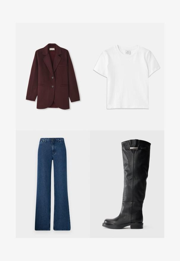 Bordeauxfarbener Blazer aus Wollmischung mit Reverskragen, zwei Vorderleisten, zwei Knöpfen und geradem Schnitt mit abgerundetem Saum.; Weißes Baumwoll-T-Shirt mit Rundhalsausschnitt, kurzen Ärmeln und geradem Saum. Etikett mit der Aufschrift "Won Hundred" an der Mitte des Ausschnitts.; Blaue Denim-Bootcut-Jeans mit hoher Taille, fünf Taschen-Design und Metallknopfverschluss. Glatte Textur, lässiger Stil und minimale Nähte.; Knöchellange schwarze Lederstiefel mit glatter Oberfläche, runder Spitze und niedrigem Blockabsatz. Mit einem silbernen Akzent auf der oberen Seite.
