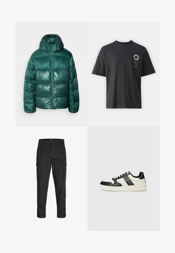 Chaqueta tipo puffer verde con capucha, con una textura brillante y acolchada, cierre de cremallera completa y puños acanalados; marca mínima en el pecho.; Camiseta de algodón negra con mangas cortas, cuello redondo y gráficos en la parte frontal de un sol y una luna, acompañados del texto "Le Soleil et La Lune."; Pantalones cargo negros hechos de tela resistente, que cuentan con múltiples bolsillos, un cierre de botón y un diseño de corte slim con piernas ajustadas.; Zapatillas de cuero con un esquema de colores negro y crema, que cuentan con acentos perforados, un collar acolchado y una suela texturizada.