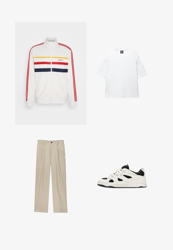 Vit zip-up idrottsjacka med röda, gula och marinblå horisontella ränder. Har ribbade muddar och krage, med Adidas-logotype på bröstet.; Vit kortärmad t-shirt i bomull, med rund halsringning och avslappnad passform med rak nederkant. Inga mönster eller dekorationer.; Beiga byxor med rak passform, utrustade med en enda svart knapp, bältesöglor och sidofickor. Slät tygkänsla och minimalistisk design.; Vita och svarta träningsskor med en strukturerad sula, som har utskärningar på sidorna och snörning, samt en vadderad baksida för stöd.
