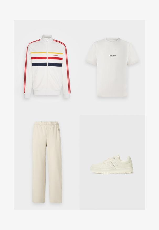 Hvit treningsjakke med glidelås, med røde, gule og marineblå horisontale striper. Har ribbestrikkede mansjetter og krage, med Adidas-logo på brystet.; Hvit bomulls-t-skjorte med korte ermer, med en svart "JJ Studios" logo på brystet. Rund hals og standard passform.; Beige bukse med vid benvidde og elastisk midje, laget av mykt stoff. Har en jevn tekstur og ingen synlige mønstre eller detaljer.; Kremfargede sneakers med perforerte detaljer, snøring og logo på siden, vist mot en enkel hvit bakgrunn.