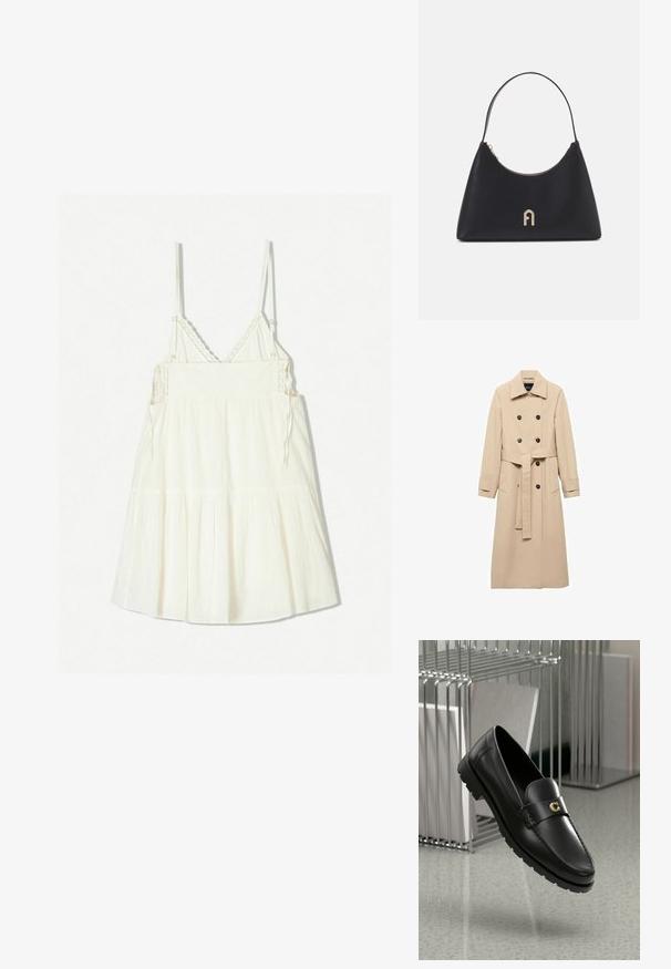 Palton bej dintr-un material neted, cu un design cu două rânduri de nasturi, nasturi negri și o curea legată la talie. Include două buzunare laterale.; Rochie albă, fără mâneci, cu baretă ajustabilă, dintr-un material texturat și volane în straturi la tiv. Accente de croșetă detaliate la decolteu.; Loafers din piele neagră cu o cusătură ridicată, logo de accent auriu și curea texturată. Au o talpă din cauciuc groasă și durabilă.; Geantă din piele neagră cu o formă curbată, mânere scurte, accesorii aurii și un fermoar superior. Include un accent cu logo în față.
