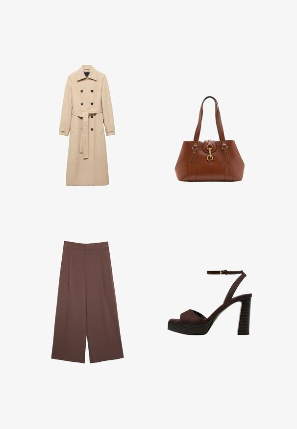 Beige trenchcoat i slätt tyg, med dubbelknäppt design, svarta knappar och ett knytbälte i midjan. Två sidofickor ingår.; Brun kortärmad t-shirt i mjukt tyg, med rund halsringning och avslappnad passform. Inga synliga mönster eller detaljer.; Bruna vida byxor med en slät textur, som har hög midja och framfickor. Tyget är lätt och flödar löst.; Bruna mocka högklackade sandaler med öppen tå, justerbar vristrem och en randig plattformssula.; Brun läderhandväska med en strukturerad form, guldfärgade metalldetaljer, dubbla axelremmar och ett dekorativt spänne i mitten.