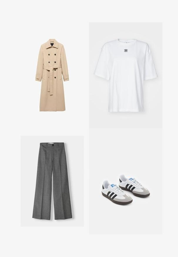 Manteau trench beige en tissu lisse, avec un design à double boutonnage, des boutons noirs et une ceinture nouée à la taille. Deux poches latérales incluses.; T-shirt blanc à manches courtes en coton. Avec un col rond et un petit logo Adidas noir sur la poitrine. Ourlet droit.; Pantalons large gris à rayures, dotés d'une fermeture à bouton et de deux poches avant. Fabriqués en tissu texturé.; Baskets avec une tige en cuir blanc, un bout en daim gris et trois bandes noires. Présente un logo bleu sur la languette et une semelle en caoutchouc texturée.