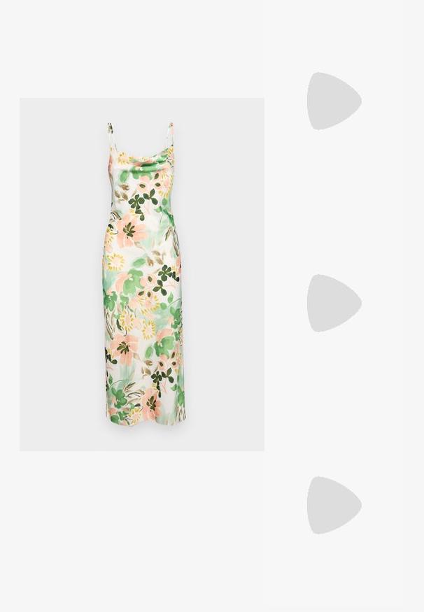 Ziedu kleita ar pastelīgiem rozā, zaļiem un krēma toņiem, ar peļānas kakla izgriezumu, plāniem plecu siksniņām un gludu tekstūru.; Augstpapēžu sandales ar daudzkrāsainu, strukturētu čūsku rakstu. Aprīkotas ar regulējamām potīšu siksnām un smailu purngalu dizainu.; Metālisksa zelta un sudraba tekstūras soma ar noapaļotu formu un gludu zelta aizdari. Izceļas ar austu dizainu visā virsmā.; Zeltīti metāla auskari ar gludu, izliekta dizaina. Ar atšķirīgu smailu formu, pulētu virsmu un eņģu aizdari.