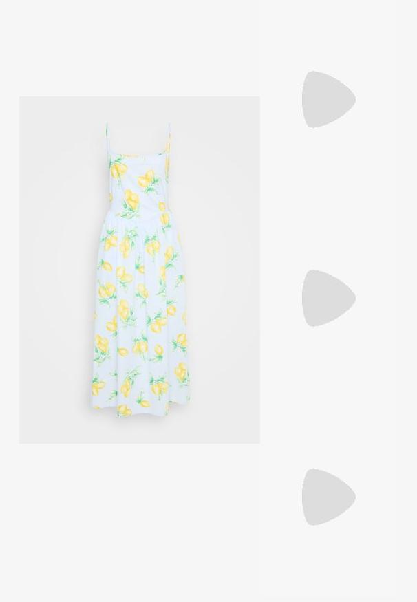 White dress with yellow lemon print, thin straps, fitted bodice, and flowy skirt. Cotton fabric with green leaf accents throughout.; Even&Odd Wide Fit Sandals - white; Yellow woven clutch wallet with a flap design, a detachable wrist strap, and a gold chain accent. Smooth texture and rectangular shape.; Silver hoop earrings with a smooth, polished finish. Round shape and secure click-top closure. Lightweight design suitable for everyday wear.