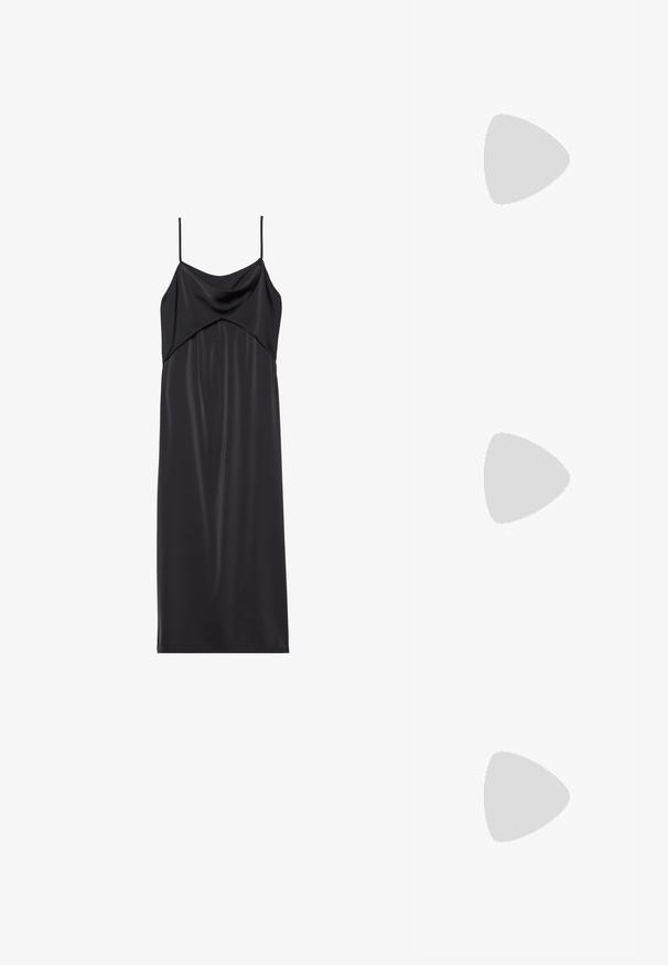 Vestido recto de satén negro con finas tirantes de spaghetti, escote drapeado y silueta recta. Textura suave y diseño minimalista.; Botas de puff negro hasta la rodilla con ribete de piel sintética, parte superior brillante e impermeable, suela texturizada y detalles de cordones ajustables.; Gafas de sol negras de gran tamaño con un marco grueso y lentes oscuros, combinadas con una camisa de satén gris y un blazer negro.; Bolso de hombro negro de cuero sintético con forma rectangular, herrajes dorados, cierre magnético y correa desmontable. Detalle de superficie texturizada.