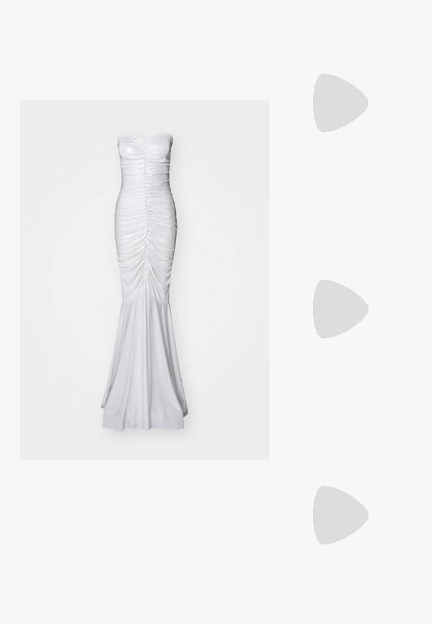 Strapless white dress with ruched detailing, fitted bodice, flared hem, and smooth, slightly shiny fabric. Elegant and streamlined silhouette.; Black patent leather high-heeled pump with a pointed toe and sleek silhouette, featuring a smooth texture and minimalistic design.; Black leather handbag with a round shape, soft texture, and a knotted handle featuring gold-tone hardware accents. Zipper closure.; Black resin bangle bracelet with a smooth, shiny surface and rounded edges. Features a small gold "Pilgrim" logo on the interior.