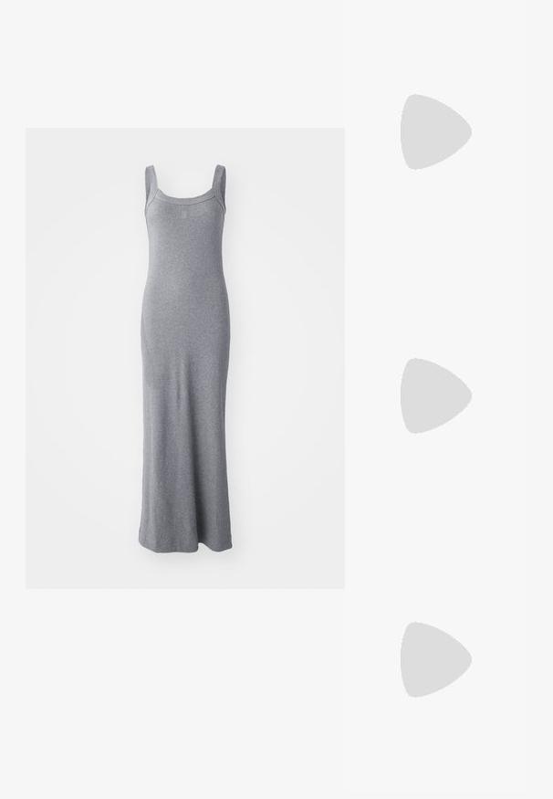Gray sleeveless maxi dress made of soft, stretchy fabric. Features a round neckline and a fitted silhouette, extending to ankle length.; Black sandal featuring a flat sole, wide straps, and an adjustable back strap, made from smooth synthetic material with a minimalist design.; Black tote bag with a geometric pattern, featuring two black handles and a small tag. Worn with a textured beige skirt and black sandals.; Silver cuff bracelet featuring a smooth, minimalist design with tapered ends. The surface has a polished finish and uniform shape.