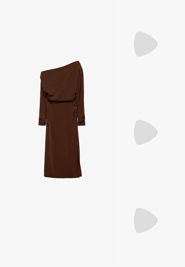 Asymmetrical brown dress with long sleeves, draped material, side slit, and textured finish. Elegant silhouette with a relaxed fit.; Black leather loafers with a rounded toe, flat platform sole, and stitched detailing across the vamp. Simple, minimal design.; Black sunglasses with a geometric frame, yellow lenses, and gold accents on the temples. Smooth texture, wide shape, contemporary design.; Gold-colored earrings with an organic, bean-like shape and smooth, reflective surface; features a minimalist design with no visible hardware.