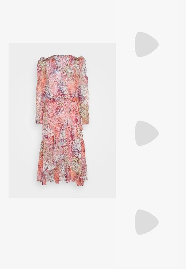 Floral, sheer wrap dress in pink, orange, and lavender hues; long puffed sleeves with a ruffle hem and a fabric tie at the waist.; White leather high heel shoe with a pointed toe and a slim, slightly angled heel. Smooth texture with a minimalist design and tan sole.; Round sunglasses with dark lenses and gold frames. The model wears a light blue, ribbed cardigan with buttons and contrast white sleeves.; Michael Kors wristlet in beige coated canvas featuring a repeating MK logo pattern, gold hardware, and a detachable chain strap.