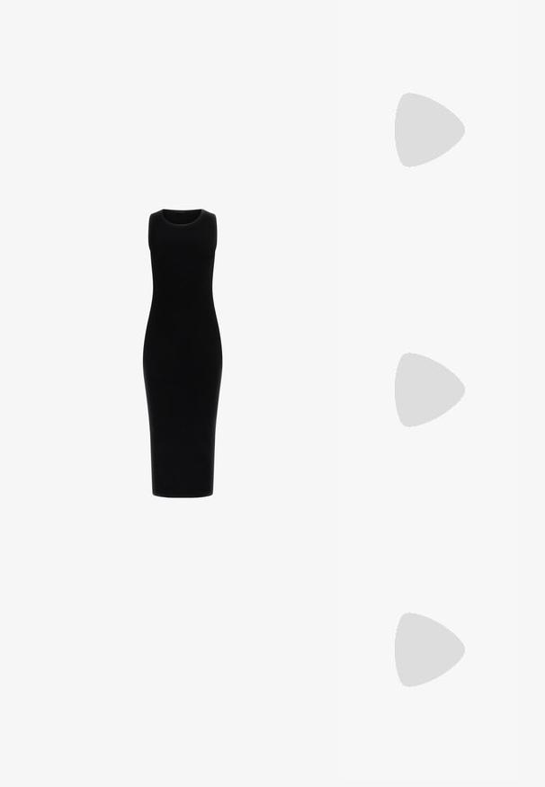 Black ribbed midi dress with a round neckline and sleeveless design, featuring a fitted silhouette that extends to the mid-calf.; Black strappy sandal with a square toe and a low block heel. Features multiple thin straps and an adjustable ankle strap. Made of smooth leather.; Black leather crossbody bag featuring a smooth texture, rectangular shape, and a metallic chain detail on the front. Adjustable strap included.; Silver drop earrings with a square stud, featuring a smooth, polished finish and a teardrop shape, reflecting light with a glossy surface.