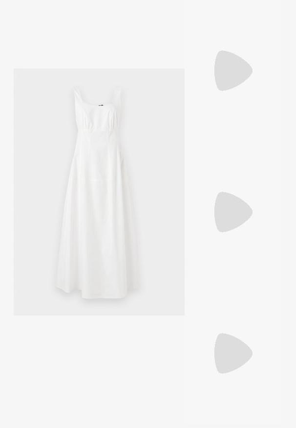 White sleeveless dress with a square neckline, cinched waist, and flared skirt. Made of smooth fabric, featuring a simple, elegant design.; Yellow flip-flop with a textured sole, transparent straps featuring pearl and star accents, and a smooth, minimalist design.; Vero Moda VMHEIDA HAND BAG - Handbag - black iris; Silver hoop earrings with a smooth, round design and a polished finish. They are thin and lightweight, featuring a simple clasp closure.
