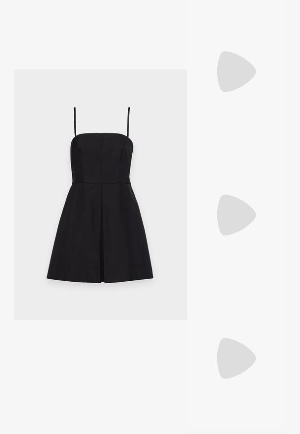 Black short-sleeve top covered in sequins, featuring a round neckline and an overall smooth, reflective texture.; Black sleeveless dress with a straight-cut bodice, fitted waist, and A-line skirt featuring a subtle front pleat and adjustable straps.; Black patent slingback heel with a pointed toe, featuring textured snake print, adjustable strap, and a short, textured block heel.; Gold-tone metal hoop earrings with a curved, elongated shape. Features a smooth, shiny surface and a rounded tip for added detail.