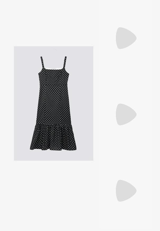 Fekete pöttyös ruha állítható pántokkal, testhez simuló felsőrésszel és fodros szegéllyel. Könnyű anyagból készült, fehér pöttyökkel.; Piros lakkbőr, sark nélküli cipő hegyes orral, kétpántos dizájnnal, kör alakú díszítésekkel és alacsony tömbsarkúval.; Piros, szövéssel készült bőr kézitáska ívelt, párnázott fogantyúval, cipzáras záródással és texturált felülettel, amelyen ragyogó fényesség található.; Aranyszínű, téglalap alakú karóra fehér számlappal, ezüstszínű óránymarkerekkel és strapabíró fém láncszíjjal. Vízálló funkcióval rendelkezik.