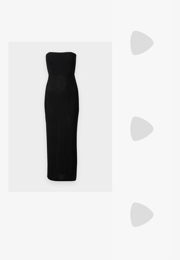 Black strapless evening gown made from sleek fabric; fitted bodice flows into a straight skirt with a side slit. Smooth texture, minimal design.; Silver metallic sneakers with a textured upper, featuring flat laces, a padded collar, and a contrasting brown rubber sole.; Black leather crossbody bag featuring a smooth texture, rectangular shape, and a metallic chain detail on the front. Adjustable strap included.; Silver drop earrings with a square stud, featuring a smooth, polished finish and a teardrop shape, reflecting light with a glossy surface.