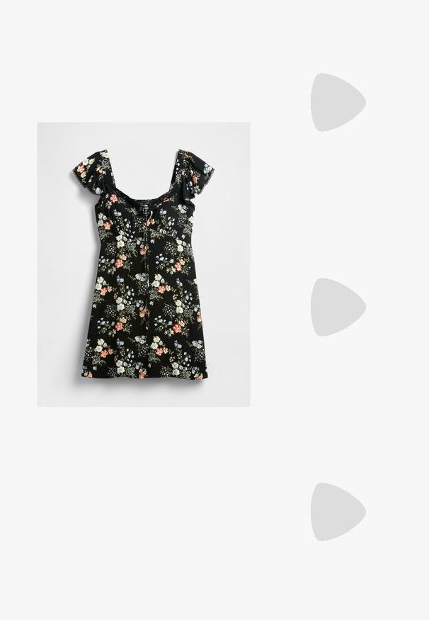 Balts īsām piedurknēm tops ar smalkās auduma smalkumu, volānu malām, brīvu dekoltē un strukturētu virsmu visā topā.; Melnā īsā kleita ar pūkainām piedurknēm, mežģīņu apdari ap kaklu un daudzkrāsainu ziedu rakstu rozā, baltā, zilā un zaļos lapu toņos.; Kremkrāsas platformas kurpes ar noapaļotu purngalu un regulējamu potītes siksnu. Iezīmējas ar masīvu blokveida papēdi ar nelielu koka akcentu.; Melna sintētiskā ādas rokas soma ar mīkstu tekstūru, hobo formas un divām plecu siksnām; iezīmējas ar spīdīgu apdari un minimālistisku dizainu.